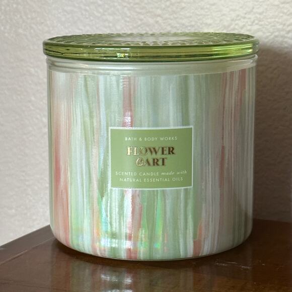 new! Bath & Body Works Flower Cart Glass Lid 3-Wick Candle Spring Green - Picture 2 of 5